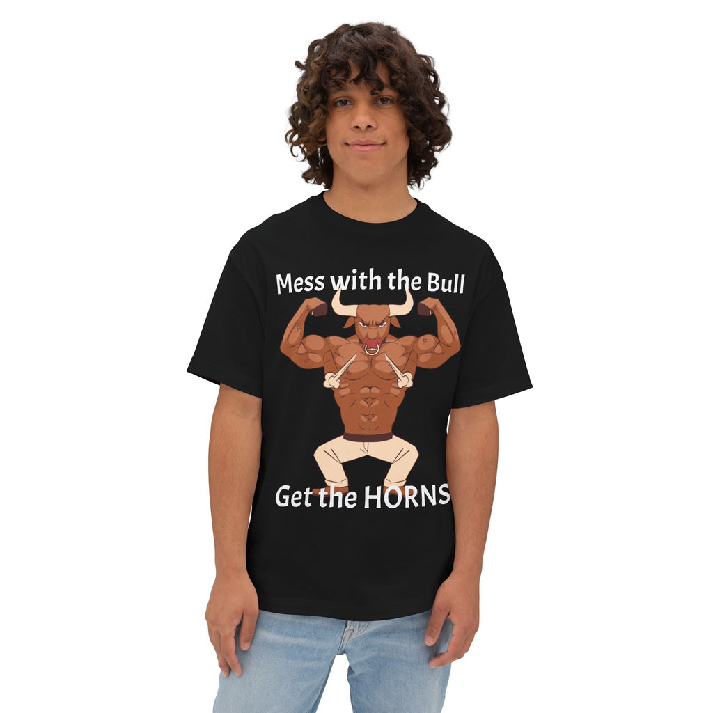 Mess with the Bull Get the HORNS oversized boxy T-Shirt — Funny Bull Graphic Tee