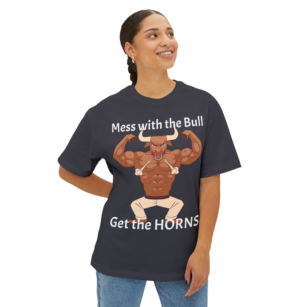 Mess with the Bull Get the HORNS oversized boxy T-Shirt — Funny Bull Graphic Tee
