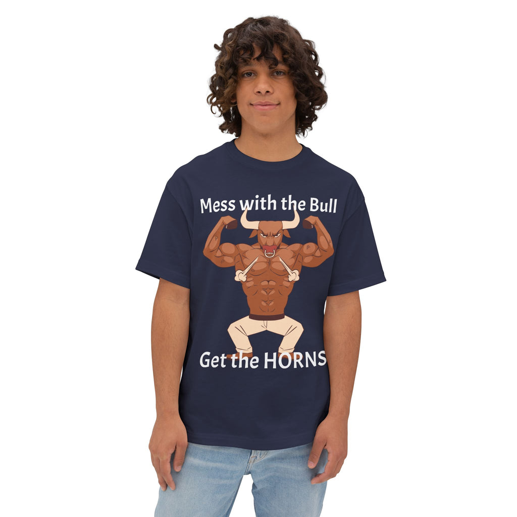 Mess with the Bull Get the HORNS oversized boxy T-Shirt — Funny Bull Graphic Tee