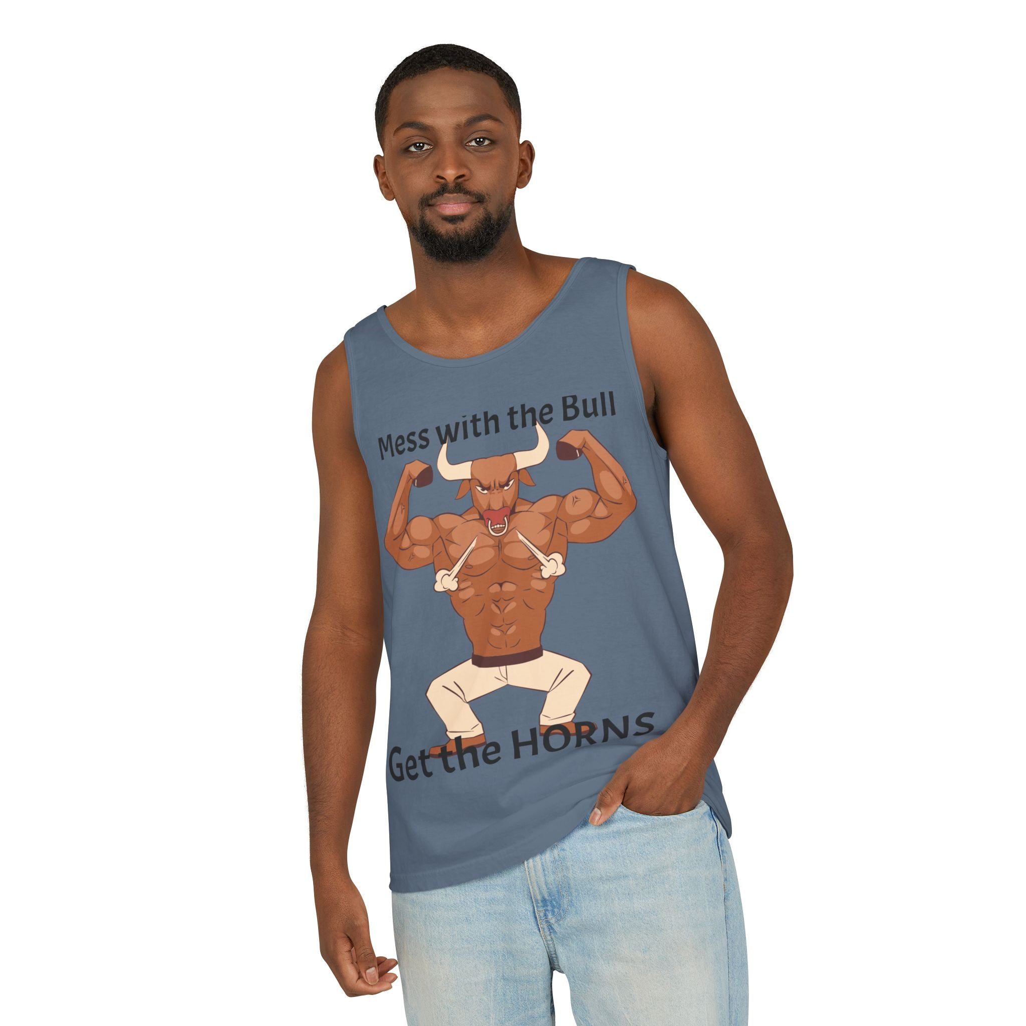 LISH Mess with the Bull Get the Horns Tank Top — Funny Muscular Bull Graphic Tank