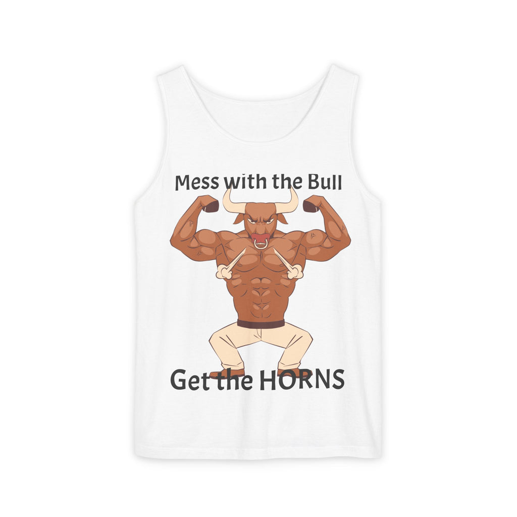 LISH Mess with the Bull Get the Horns Tank Top — Funny Muscular Bull Graphic Tank