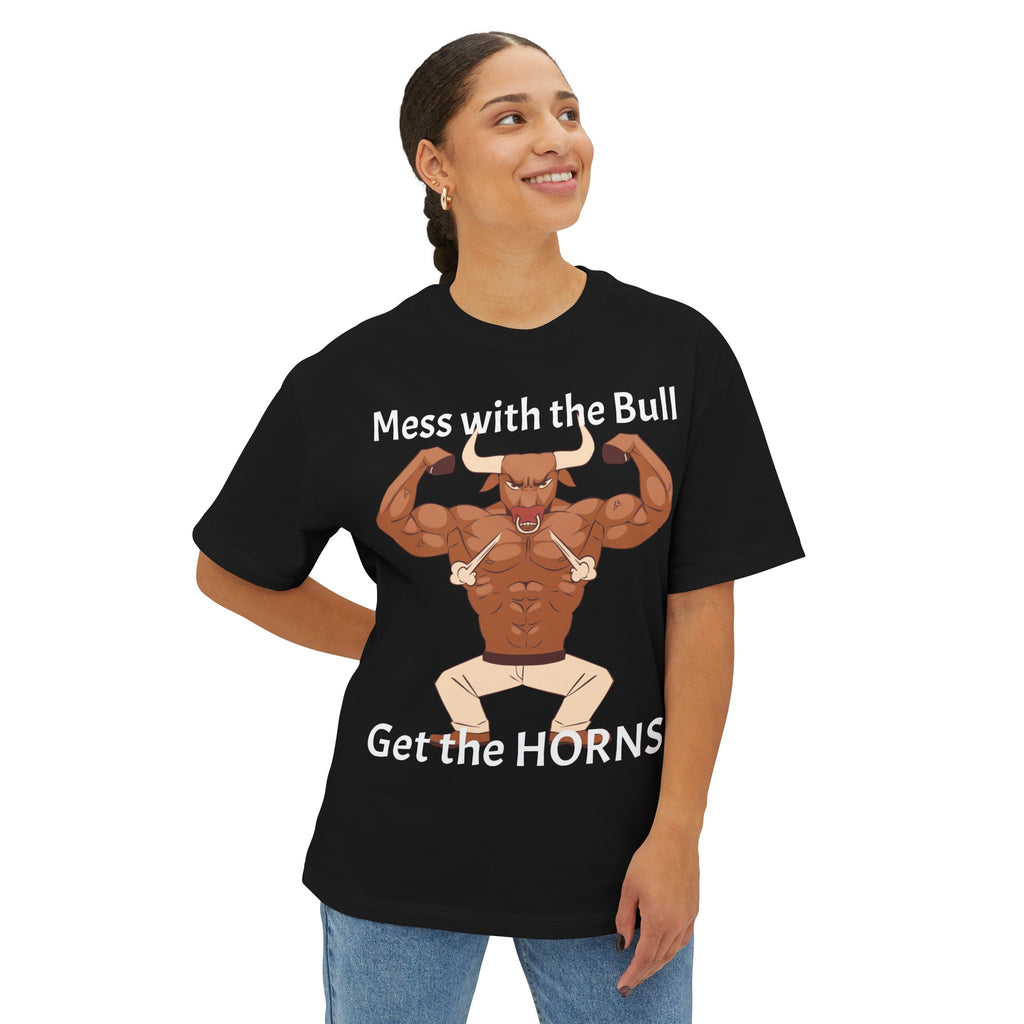 Mess with the Bull Get the HORNS oversized boxy T-Shirt — Funny Bull Graphic Tee
